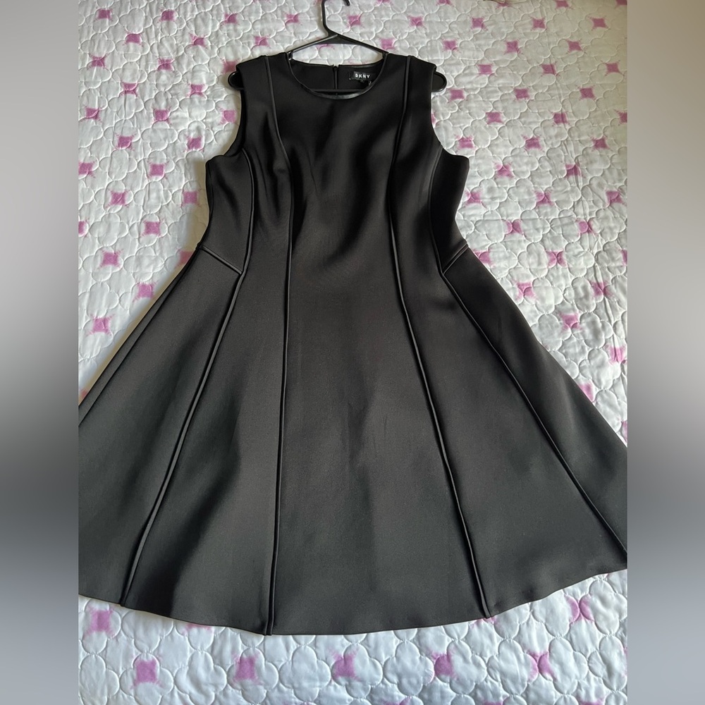DKNY Black Sleeveless Fit & Flare Midi Dress Faux Leather Detail Women’s Large